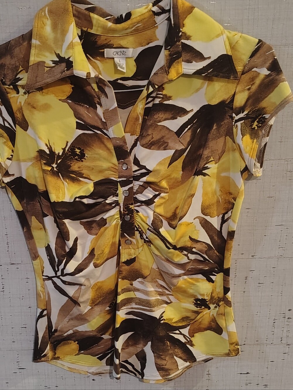 Cache Ruched Front Collared Polo Top In Yellow, Gold & Brown  Sz L